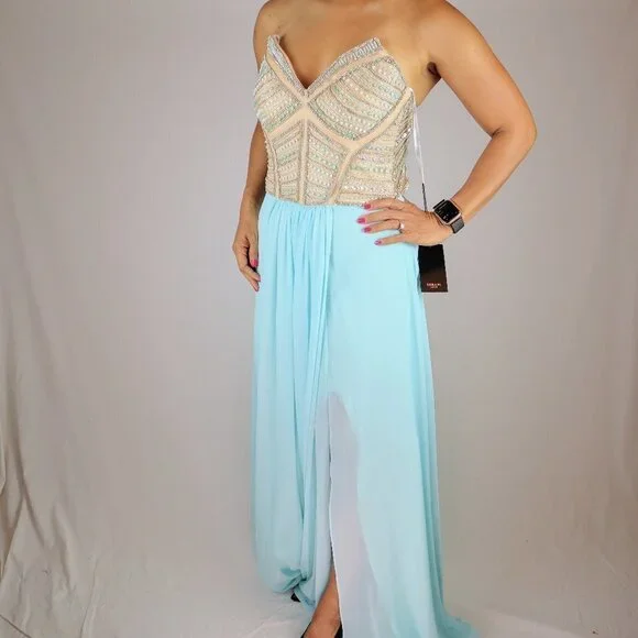 NWT Terani Couture Strapless Blue Gold Jeweled Formal Gown $495